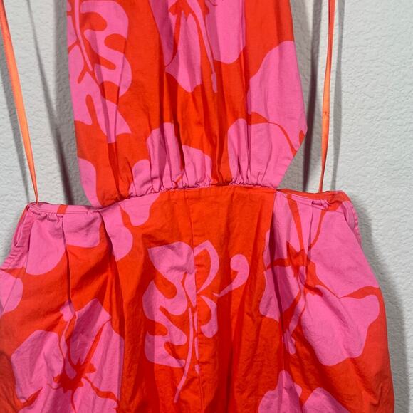 Staud 4 Georgia Romper Red Pink Cotton Blend Floral Halter Neck Tie Back - Picture 6 of 13